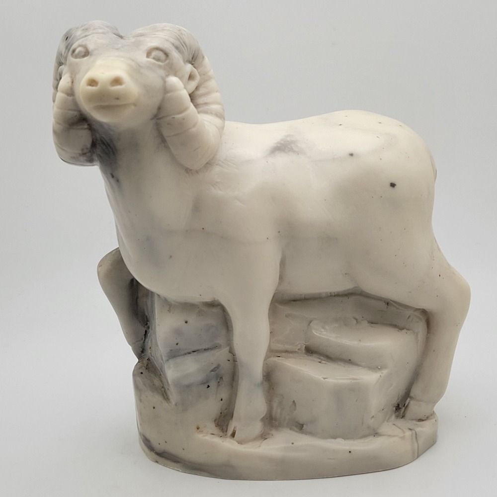 Bighorn‎ Ram Figurine Pearlite White Marble Stone Look Rustic Cabin Lodge Decor